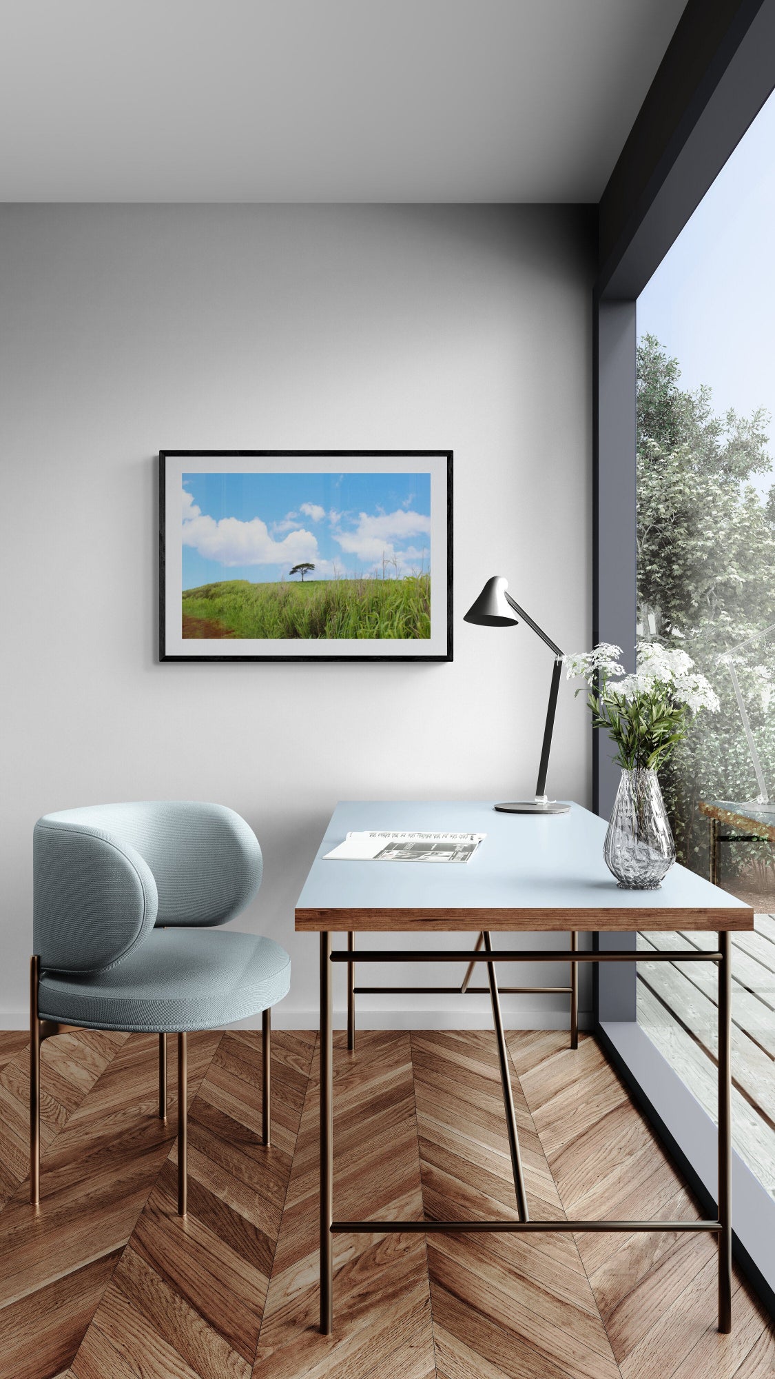 Modern home office with desk, chair, and decor Monkey Pod Tree in a Green Field, Kauai, Hawaii, Original Photograph by Kim A. Bailey