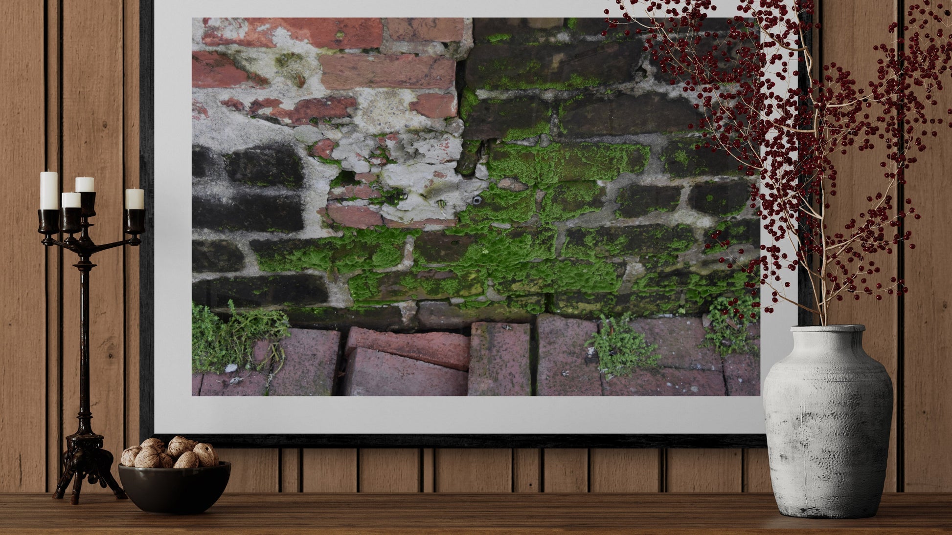 Framed photograph of a mossy stone wall on a wooden table. Moss and Bricks, Original Photograph by Kim A. Bailey