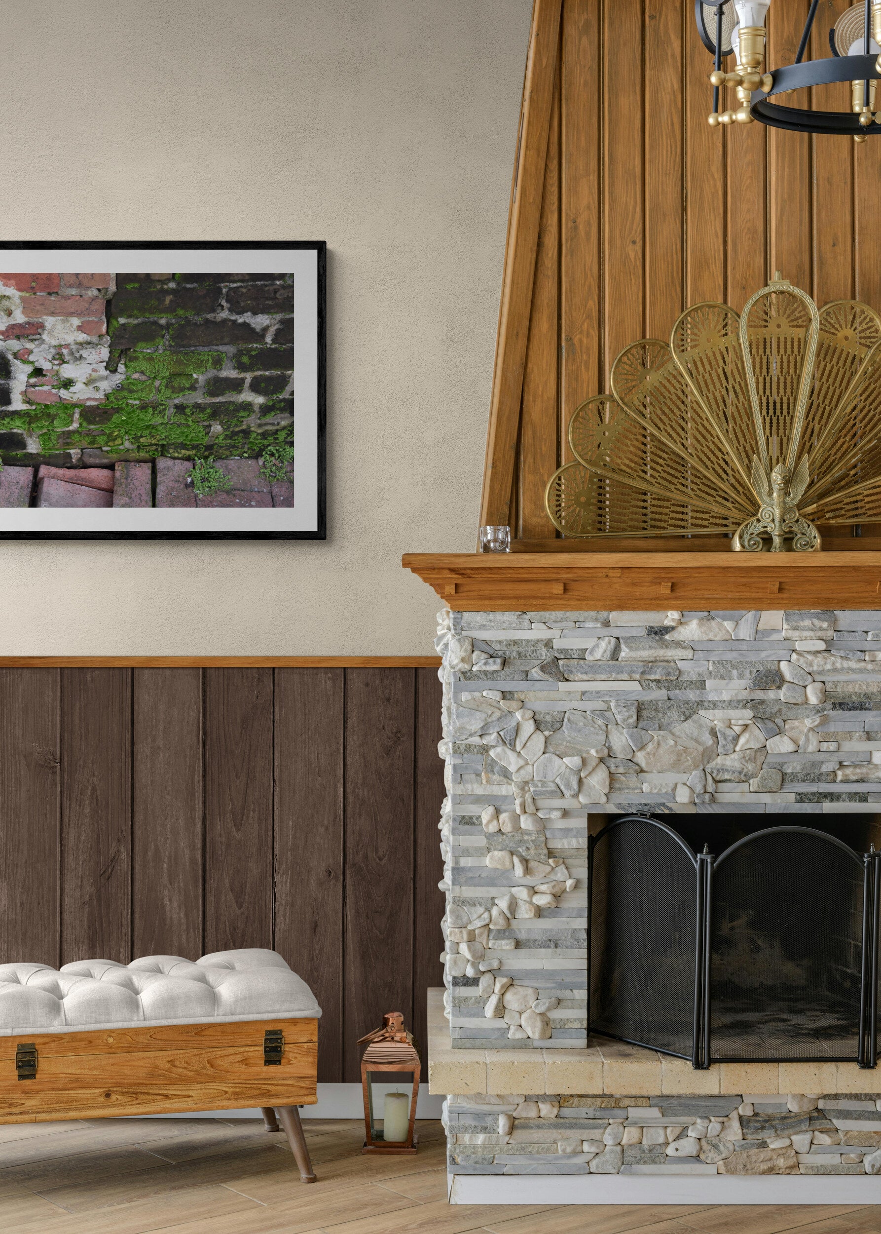 Living room with stone fireplace and wooden paneling. Moss and Bricks, Original Photograph by Kim A. Bailey