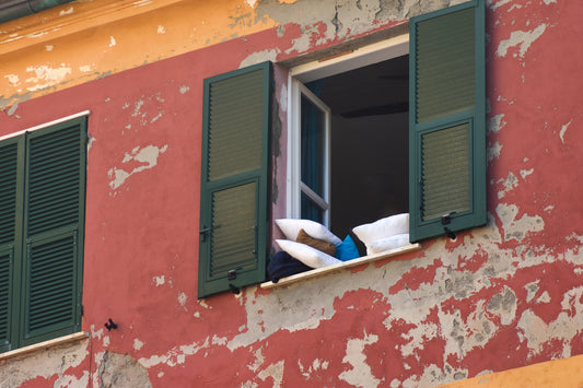 An open window with green shutters looking out onto a rustic wall with peeling paint, with plush pillows visible on the windowsill. Open Window, Original Photograph by Kim A. Bailey