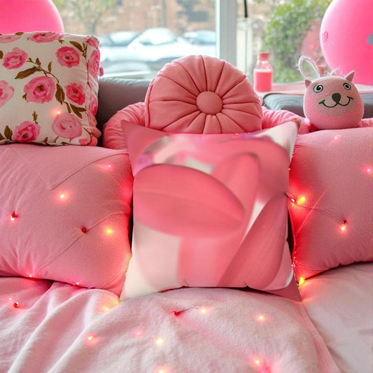Pink cushions and a plush toy on a couch with string lights. Pink_Faux_Suede_Throw_Pillow_by_Kim_Bailey