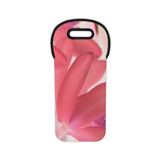 Wine tote bag featuring a pink tinted orchid photograph, with black trim and the same image printed on both sides.