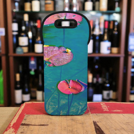 Phone case with pink water lilies design on a wooden table with wine bottles in the background