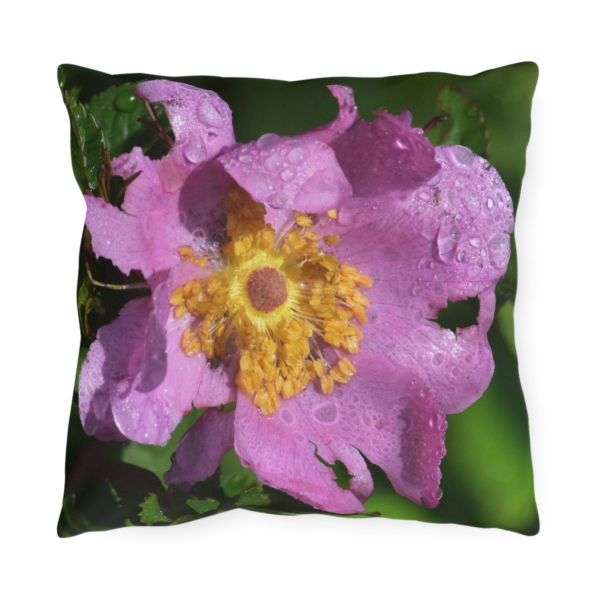 Pillow with a pink flower design on a white background