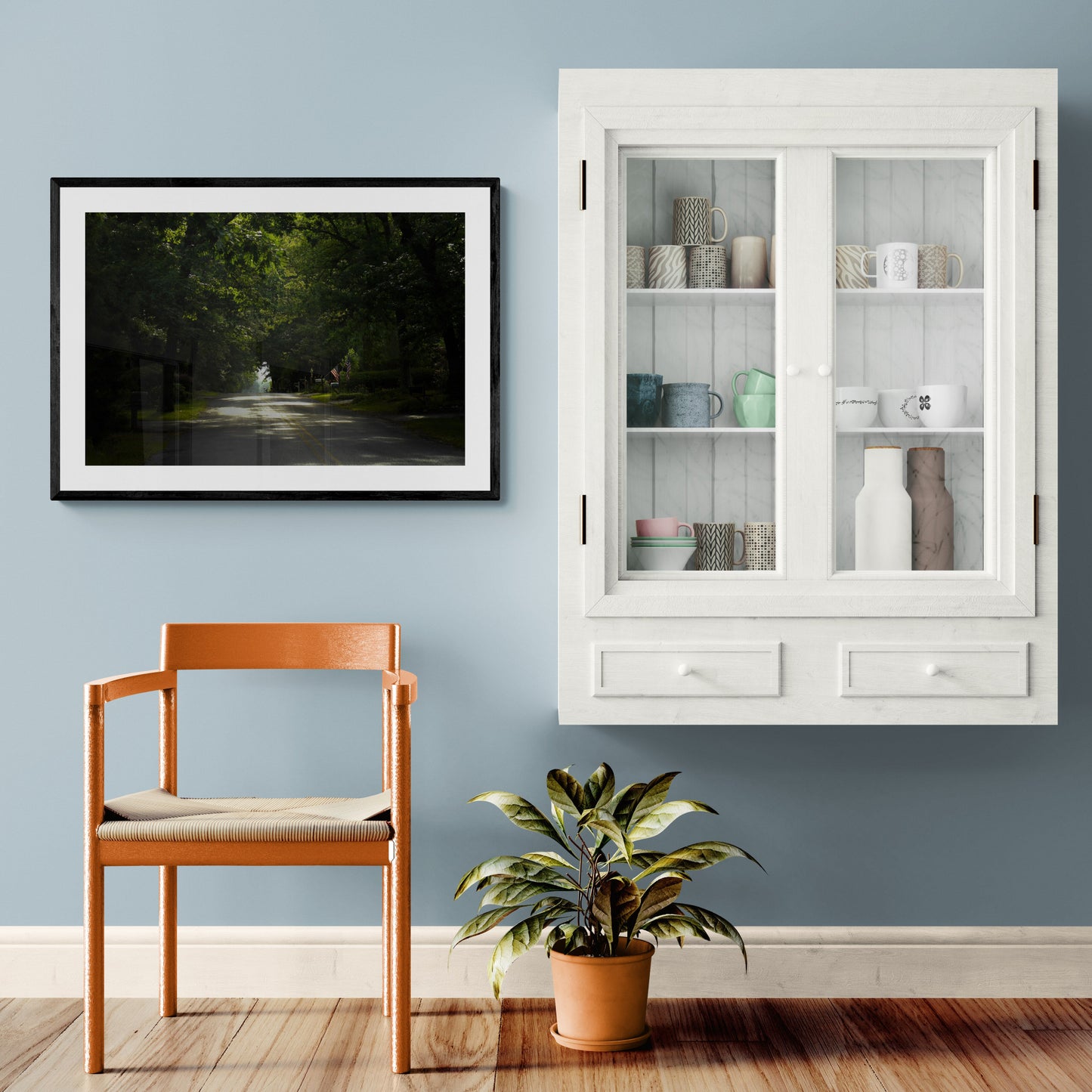 Room interior with a wooden chair, potted plant, and white cabinet against a light blue wall. Quiet Street in New Jersey, Original Photograph by Kim A. Bailey