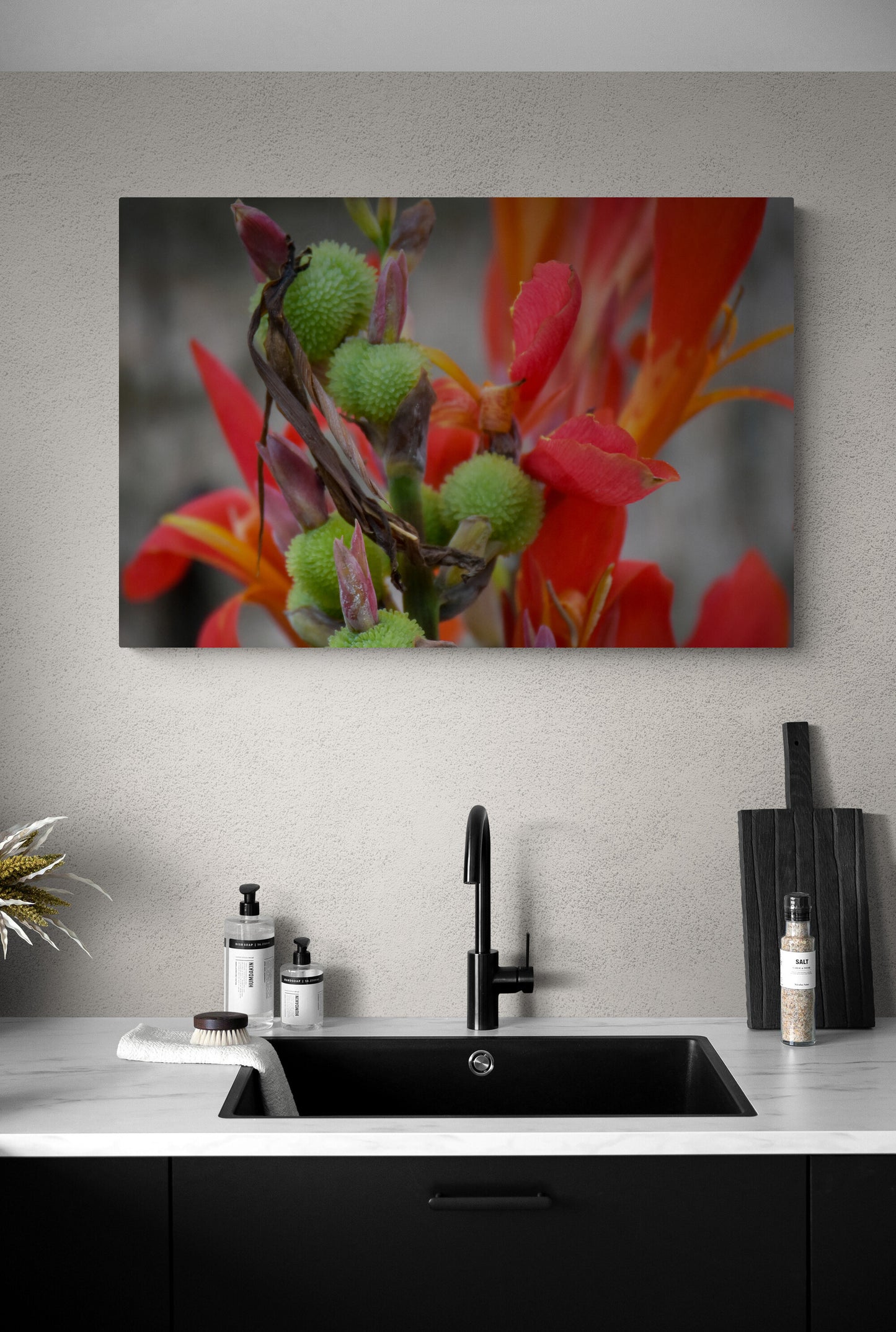 Red Water Lily Original Photograph by Kim A. Bailey In a modern kitchen