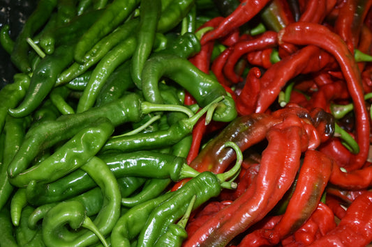 A photograph showcasing a contrast of fresh green and red chili peppers. Spicy Vibes: Green and Red Chili Peppers, Abstract Wall Art, Original Photograph by Kim A. Bailey