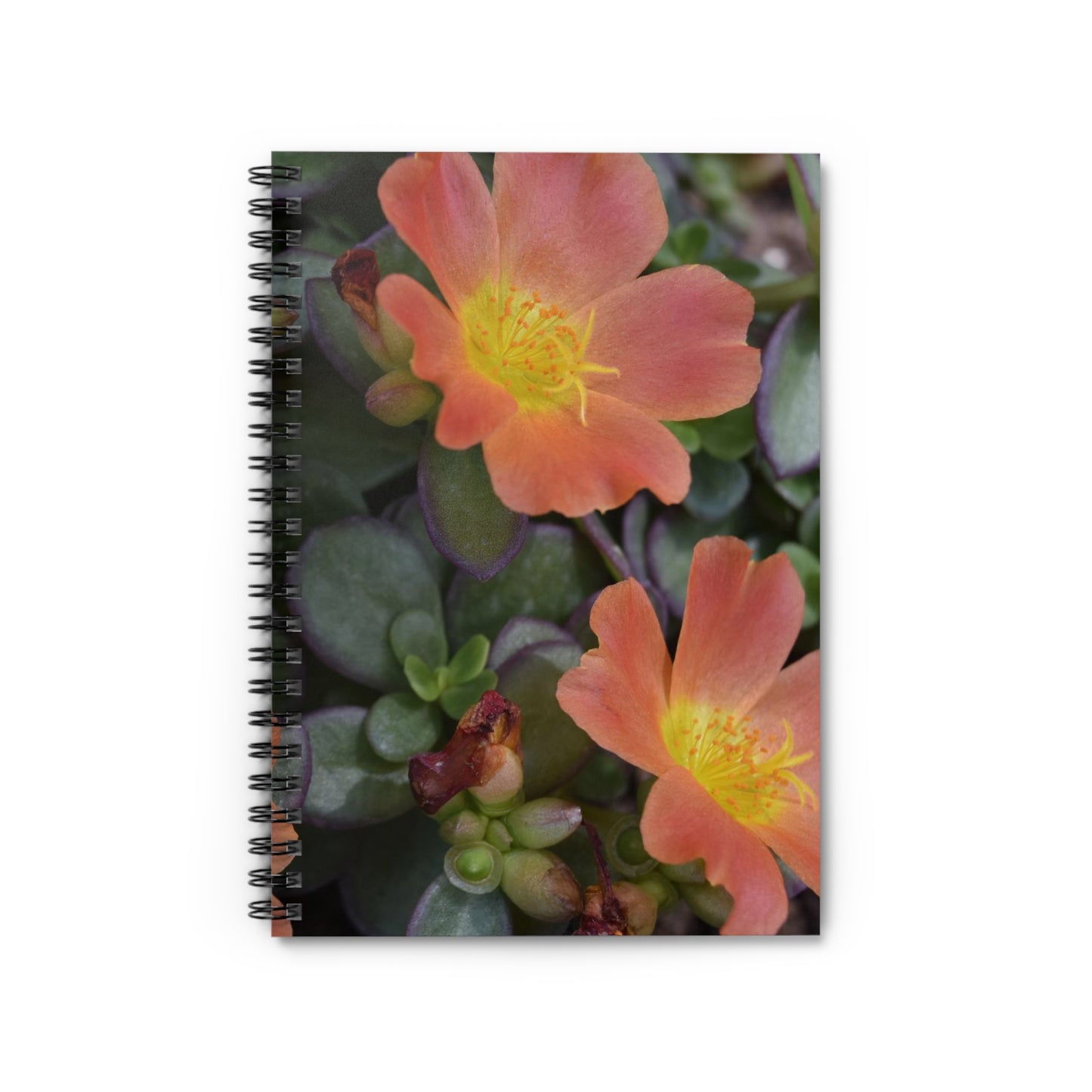 A spiral notebook with a photograph of orange flowers on the cover, with a dark grey back cover and a visible pocket on the front.