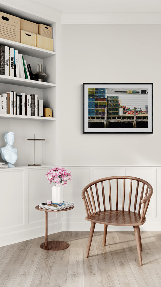 Nest of wooden furniture in a room with a wall art and vase. Stacked Lobster Traps Original Photograph by Kim A. Bailey