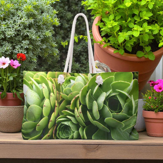 Tote bag with succulent design on a wooden surface with plants in the background