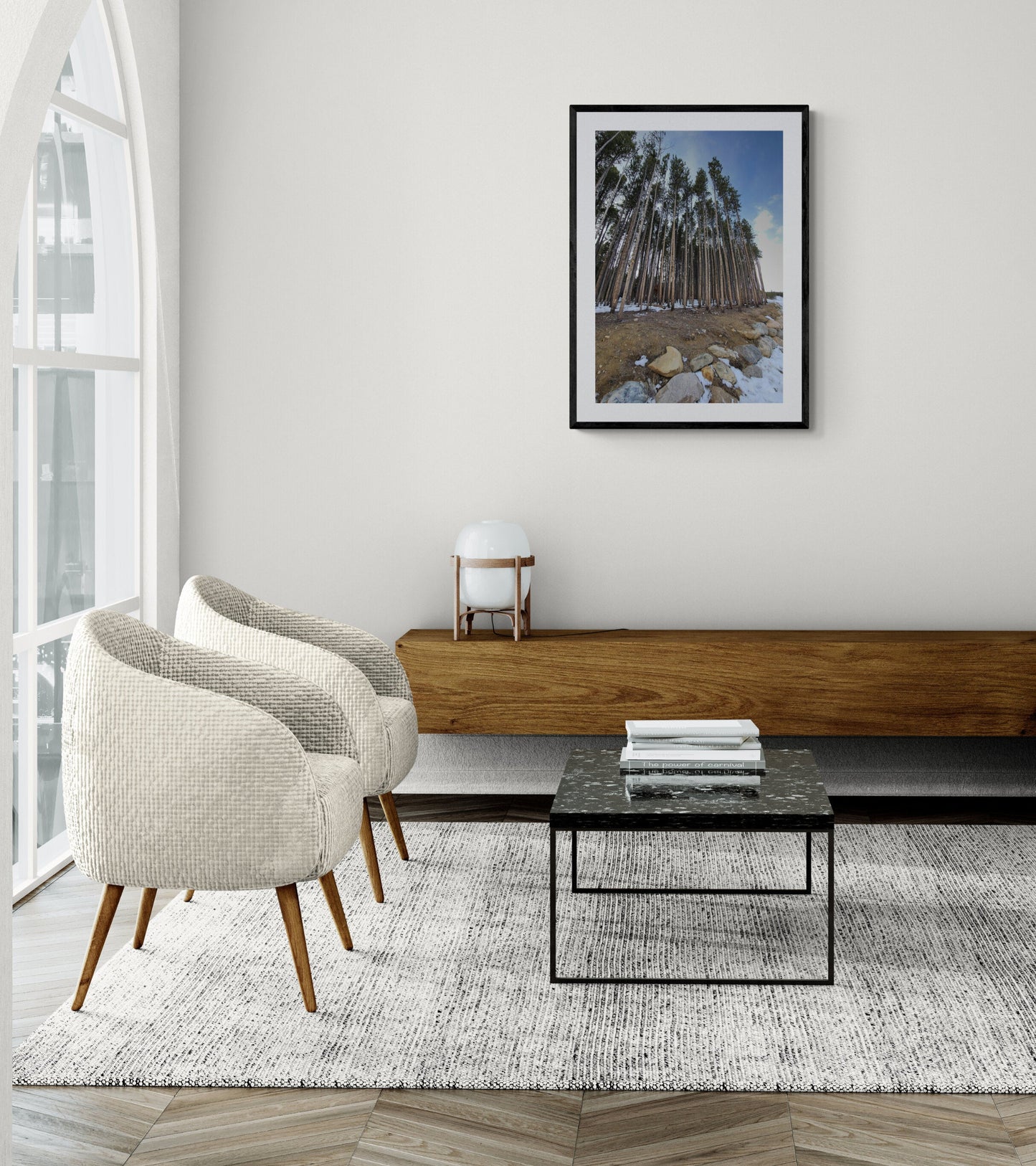 Modern living room with chairs, coffee table, and artwork. Tall Trees in Breckenridge, Original Photograph by Kim A. Bailey