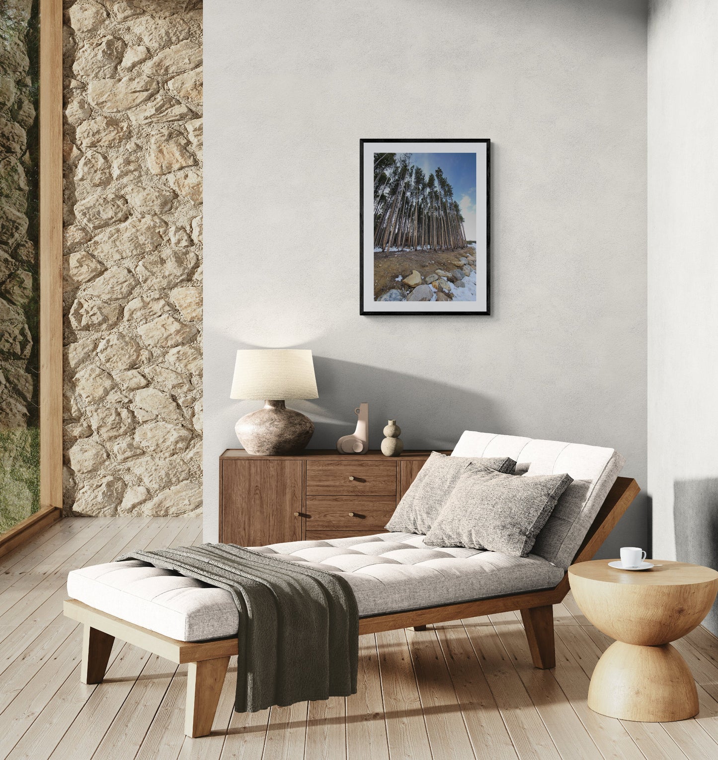 Modern living room with a chaise lounge, ottoman, and wall art. Tall Trees in Breckenridge, Original Photograph by Kim A. Bailey