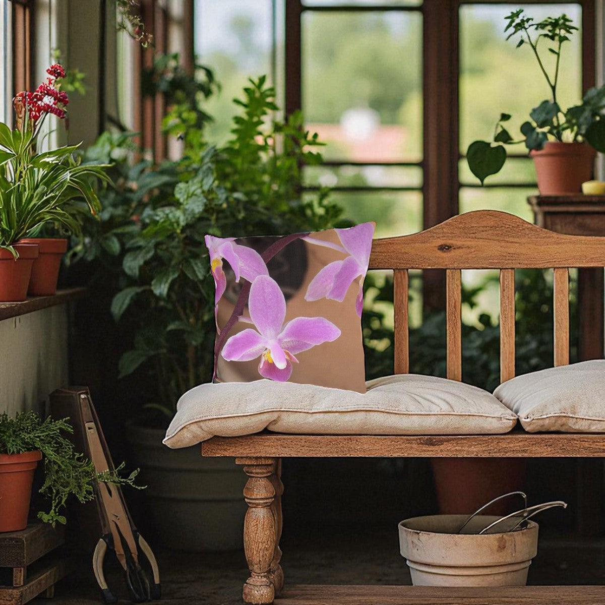 Wooden bench with a pillow featuring purple orchids in a garden setting