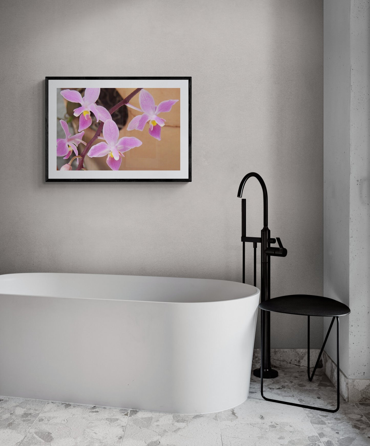 Modern bathroom with a framed pink orchid print on a gray wall. Tiny Purple Ground Orchids, Original Photograph by Kim A. Bailey