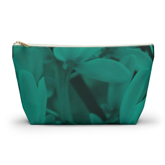 Green pouch with floral pattern on a white background