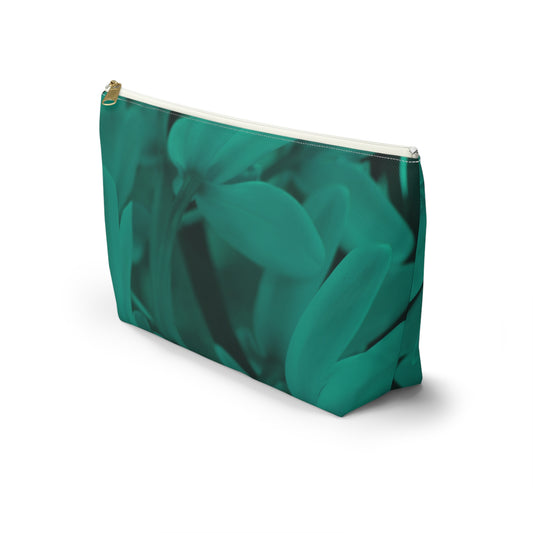 Green pouch with floral pattern on a white background