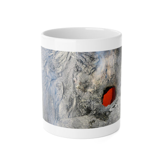 A white ceramic mug with a glossy finish featuring a photograph of a lava tube.