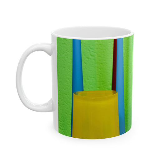White mug with green, blue, and yellow design on a white background