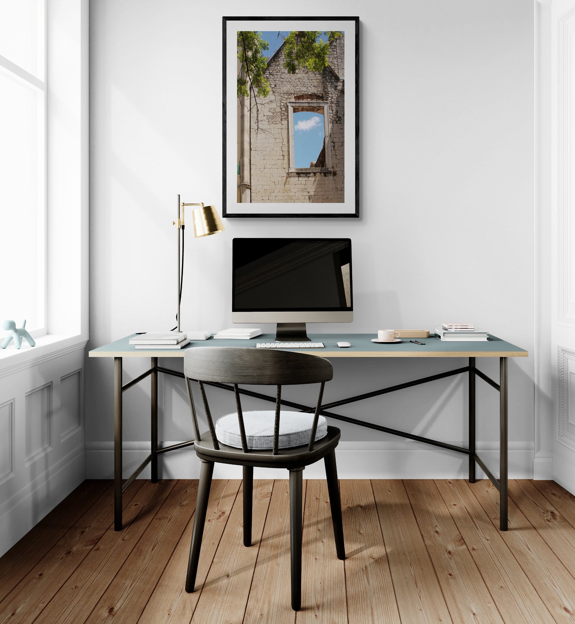 Modern home office with a desk, chair, and framed picture on the wall. Window to Sky, Original Photograph by Kim A. Bailey