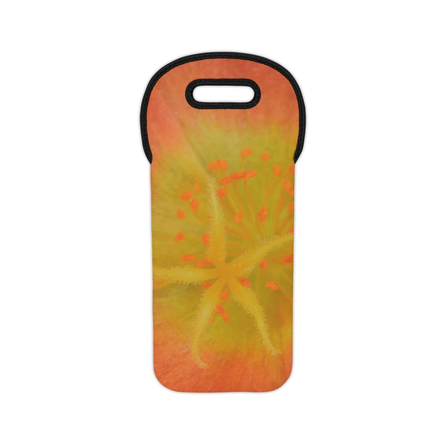 A neoprene wine tote bag featuring a yellow and orange floral design with a photograph titled 'Yellow Stamen' by Kim A. Bailey.