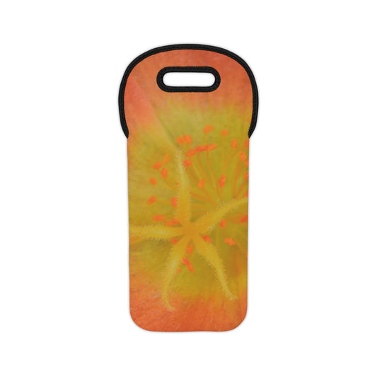 A neoprene wine tote bag featuring a yellow and orange floral design with a photograph titled 'Yellow Stamen' by Kim A. Bailey.