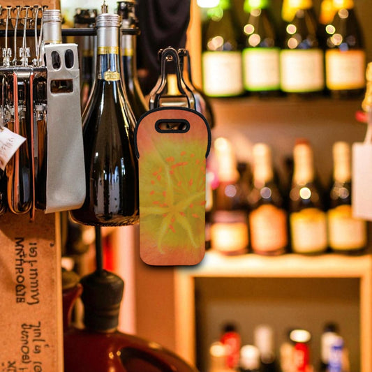 Bottle opener with decorative case hanging on a rack with wine bottles in the background
