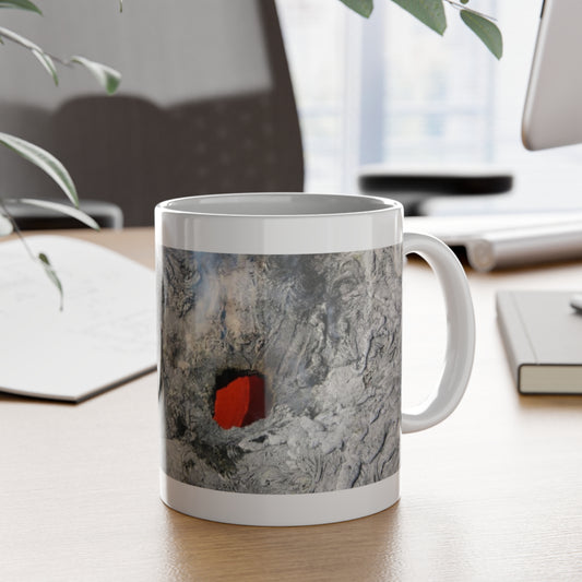 Mug with a gray textured design and red circle on a desk