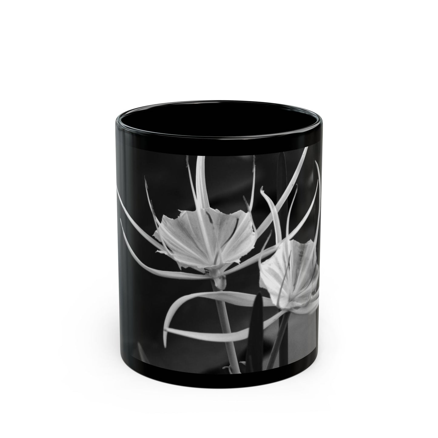 Black Floral Photo Mug — Monochrome Alligator Lily Coffee Cup (11oz/15oz)