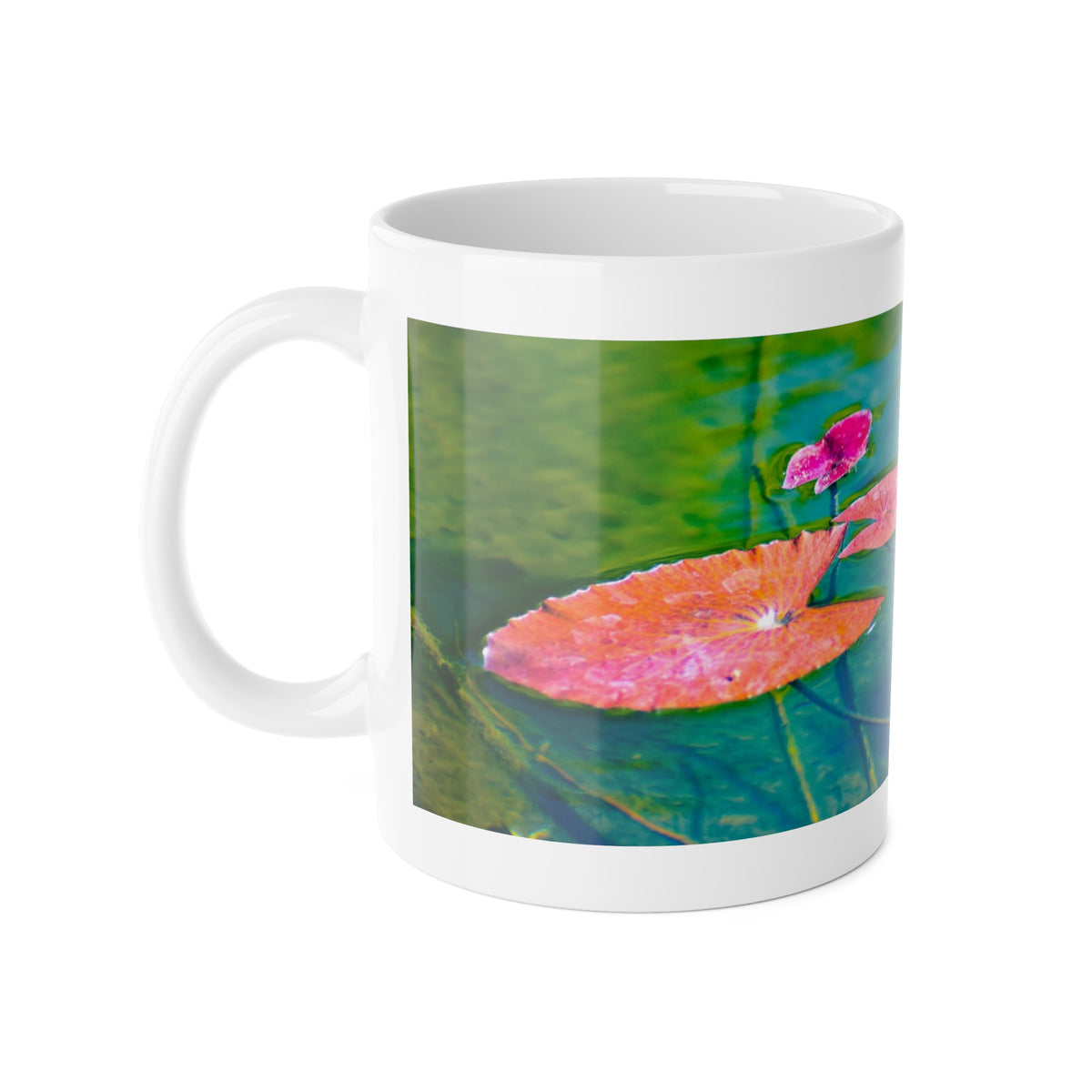 White Ceramic Mug, 11 oz "Water Lily Leaves (Pink and Green)" by Kim A. Bailey