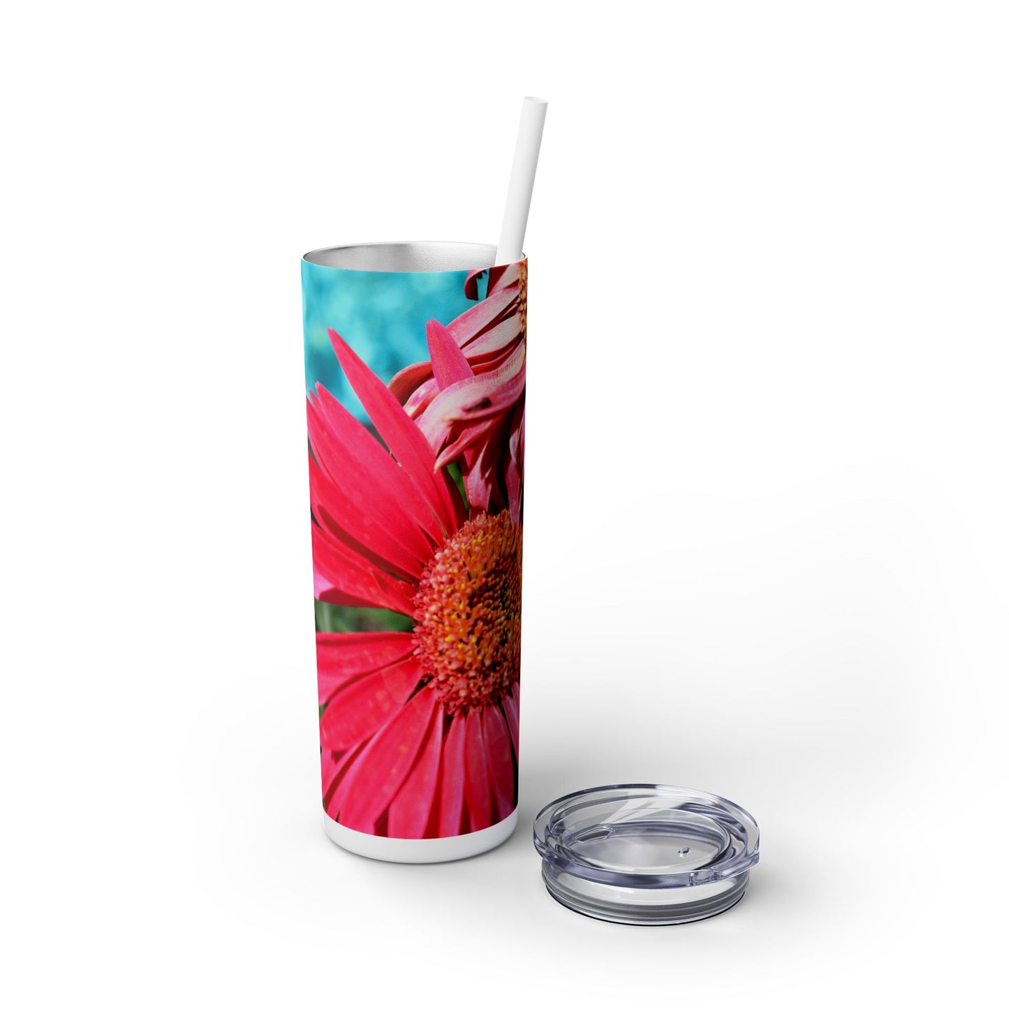 Skinny Tumbler with Straw, 20 oz. "Pink Daisies" by Kim A. Bailey
