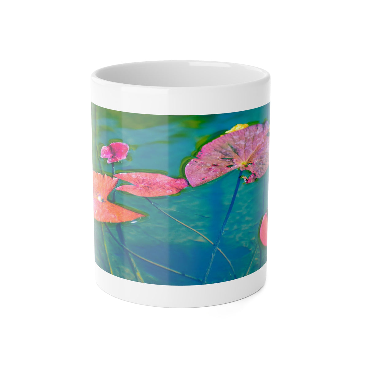 White Ceramic Mug, 11 oz "Water Lily Leaves (Pink and Green)" by Kim A. Bailey