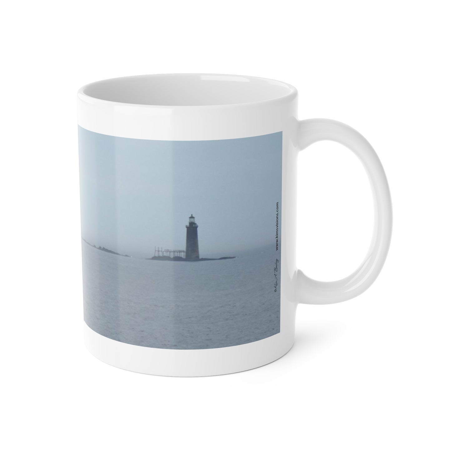 White Ceramic Mug, 11oz "Lighthouse and Buoy" by Kim A. Bailey