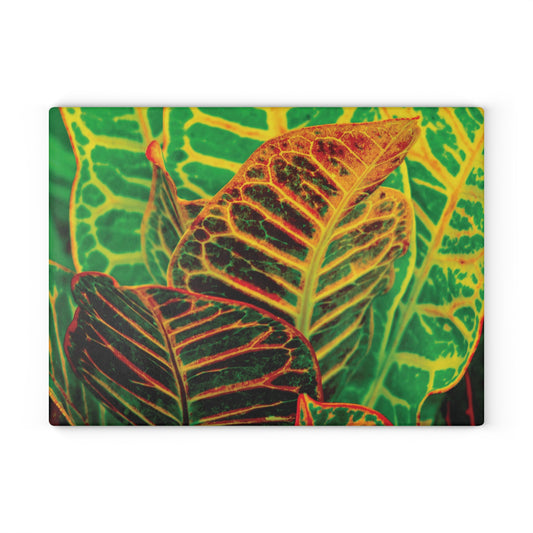 Tropical Croton Leaves Glass Cutting Board - Botanical Kitchen Décor
