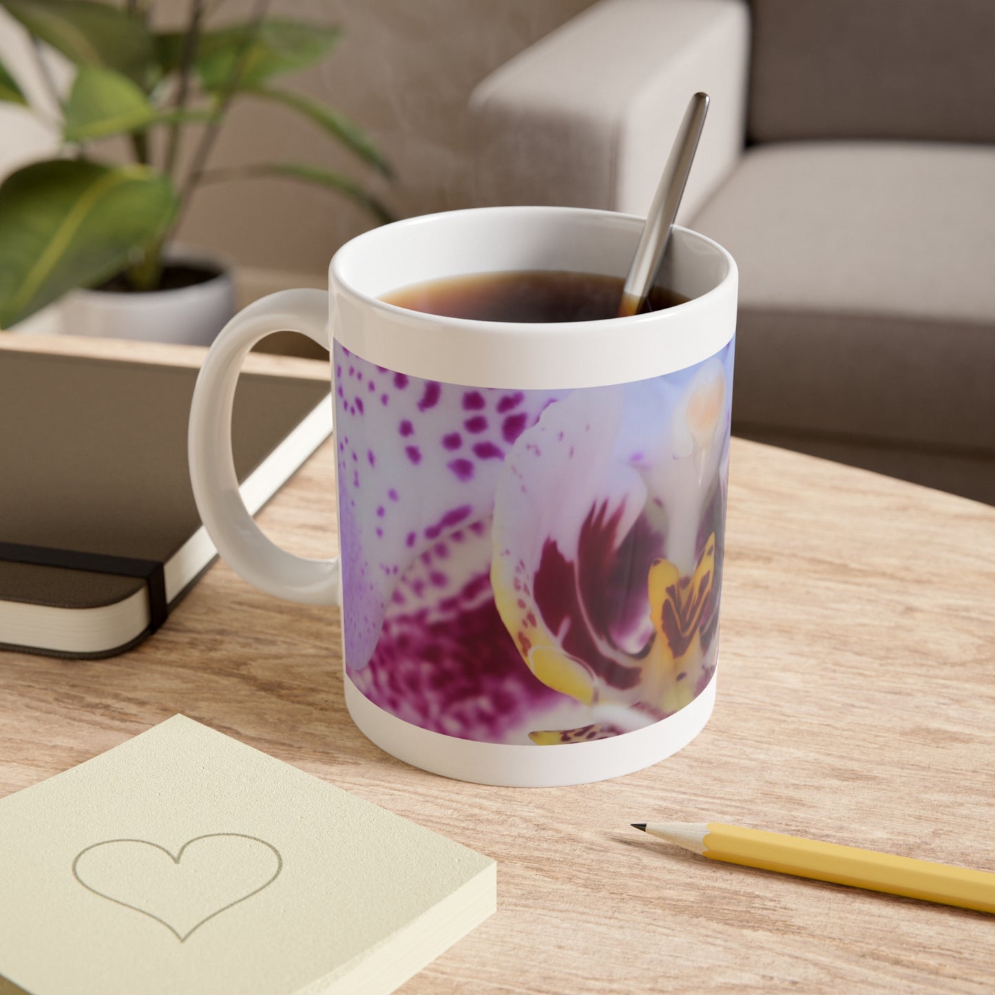 White Ceramic Mug, 11 oz "Phalaenopsis Orchid" by Kim A. Bailey