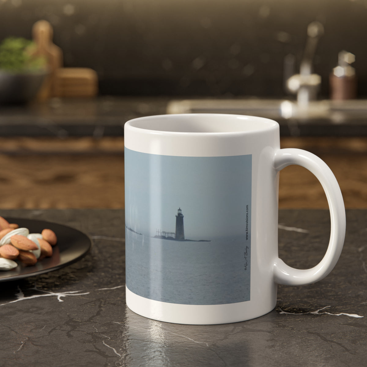 White Ceramic Mug, 11 oz "Lighthouse and Buoy" by Kim A. Bailey