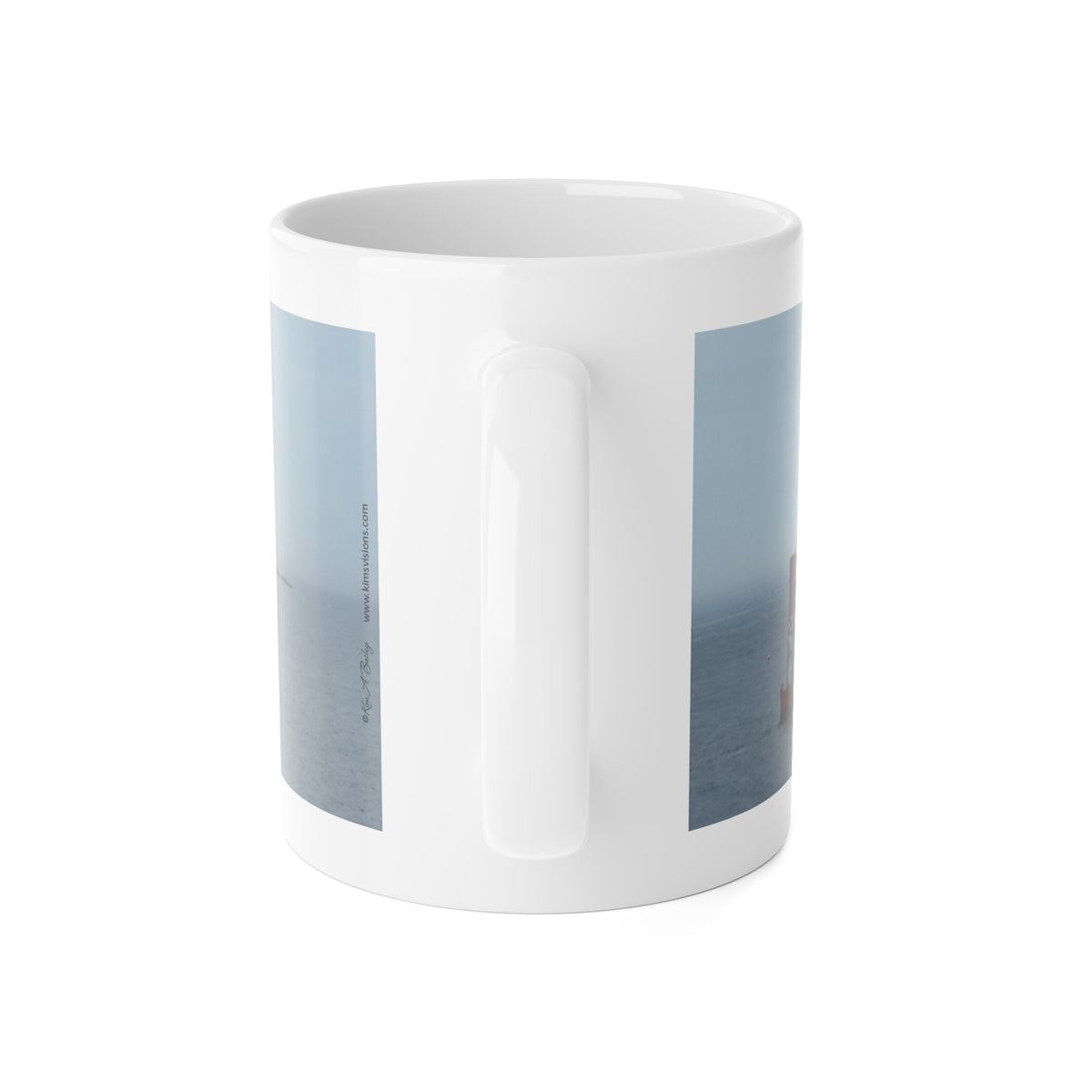 White Ceramic Mug, 11 oz "Lighthouse and Buoy" by Kim A. Bailey