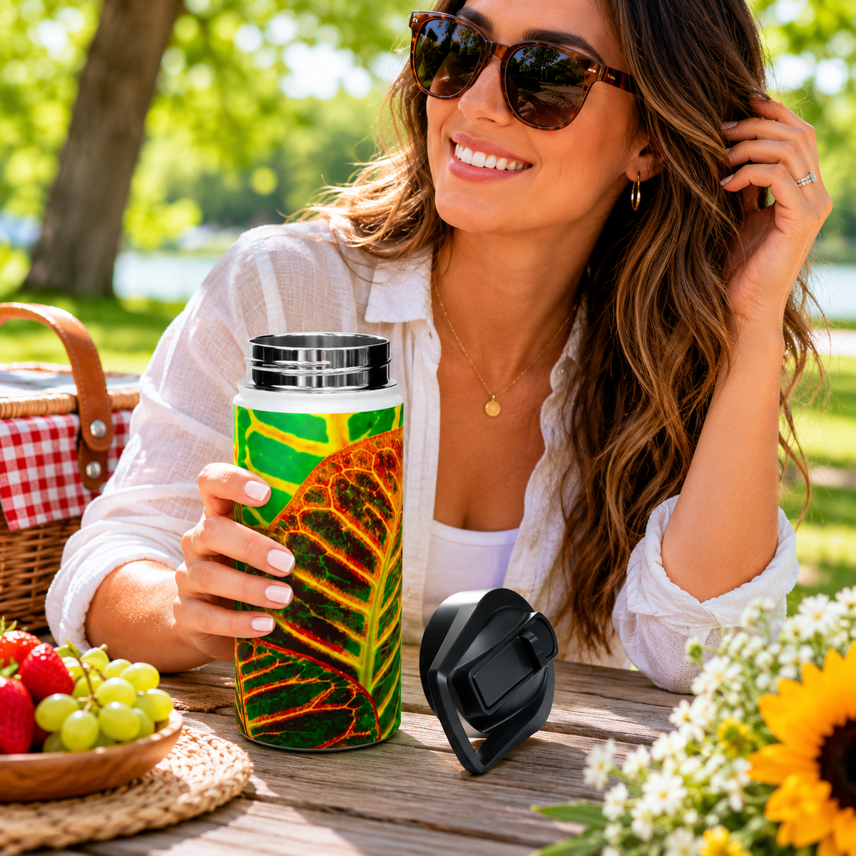 Stainless Steel Water Bottle, 3 Sizes Available "Green Croton Leaf"