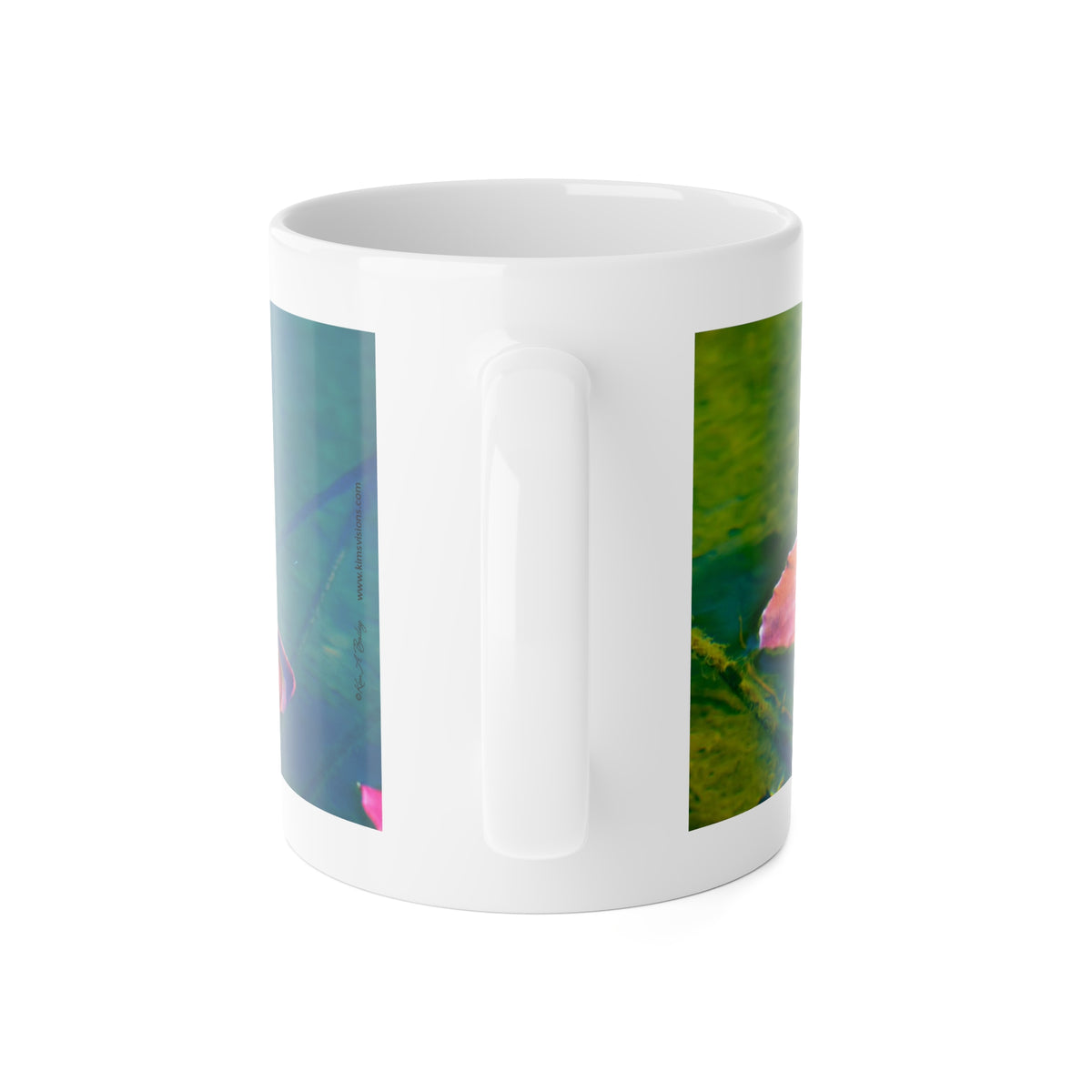 White Ceramic Mug, 11 oz "Water Lily Leaves (Pink and Green)" by Kim A. Bailey
