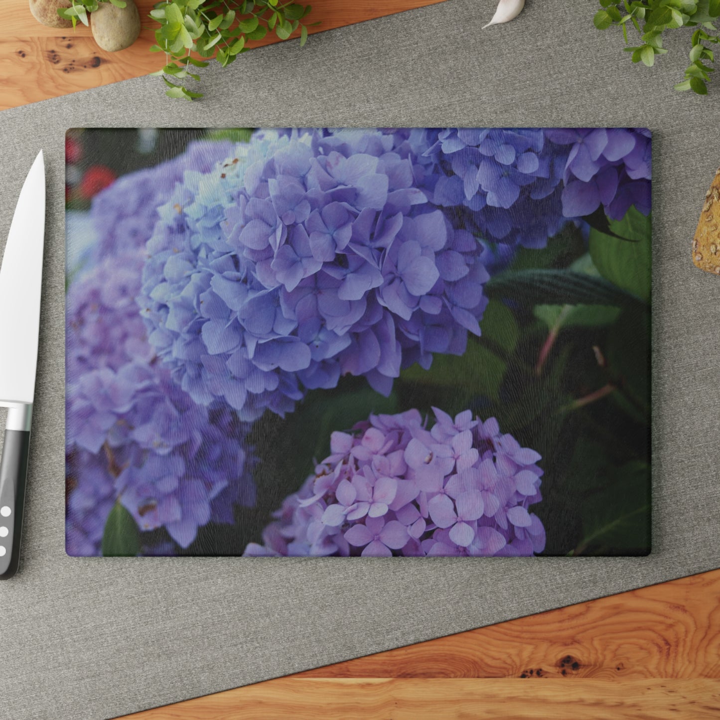 Purple Hydrangea Glass Cutting Board - Floral Kitchen Decor