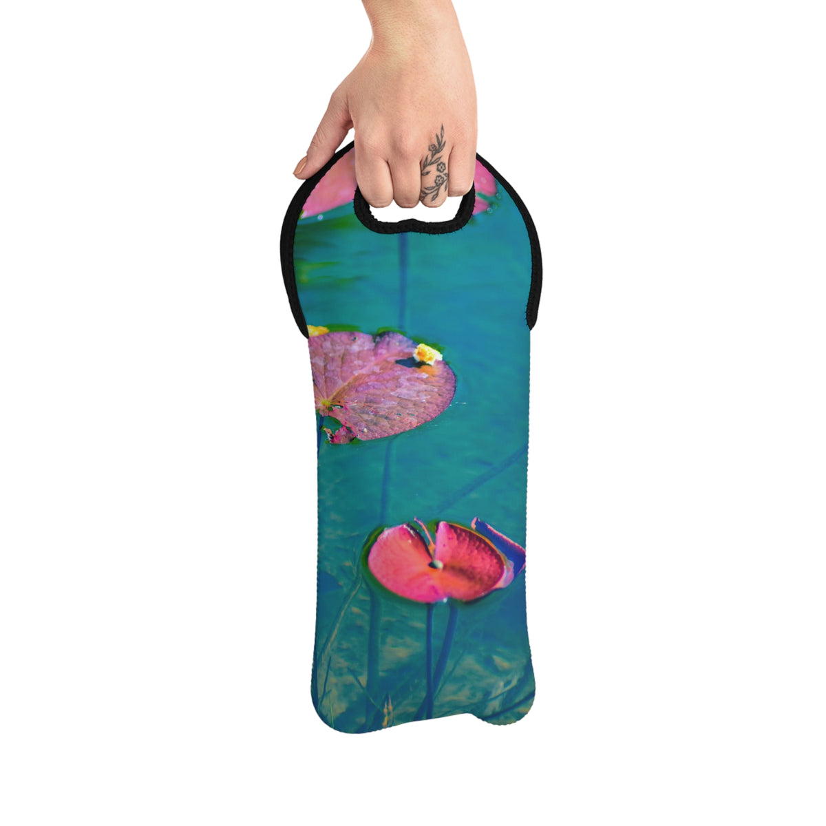 Wine Tote Bag, "Water Lily (Pink and Green)" Photograph by Kim A. Bailey