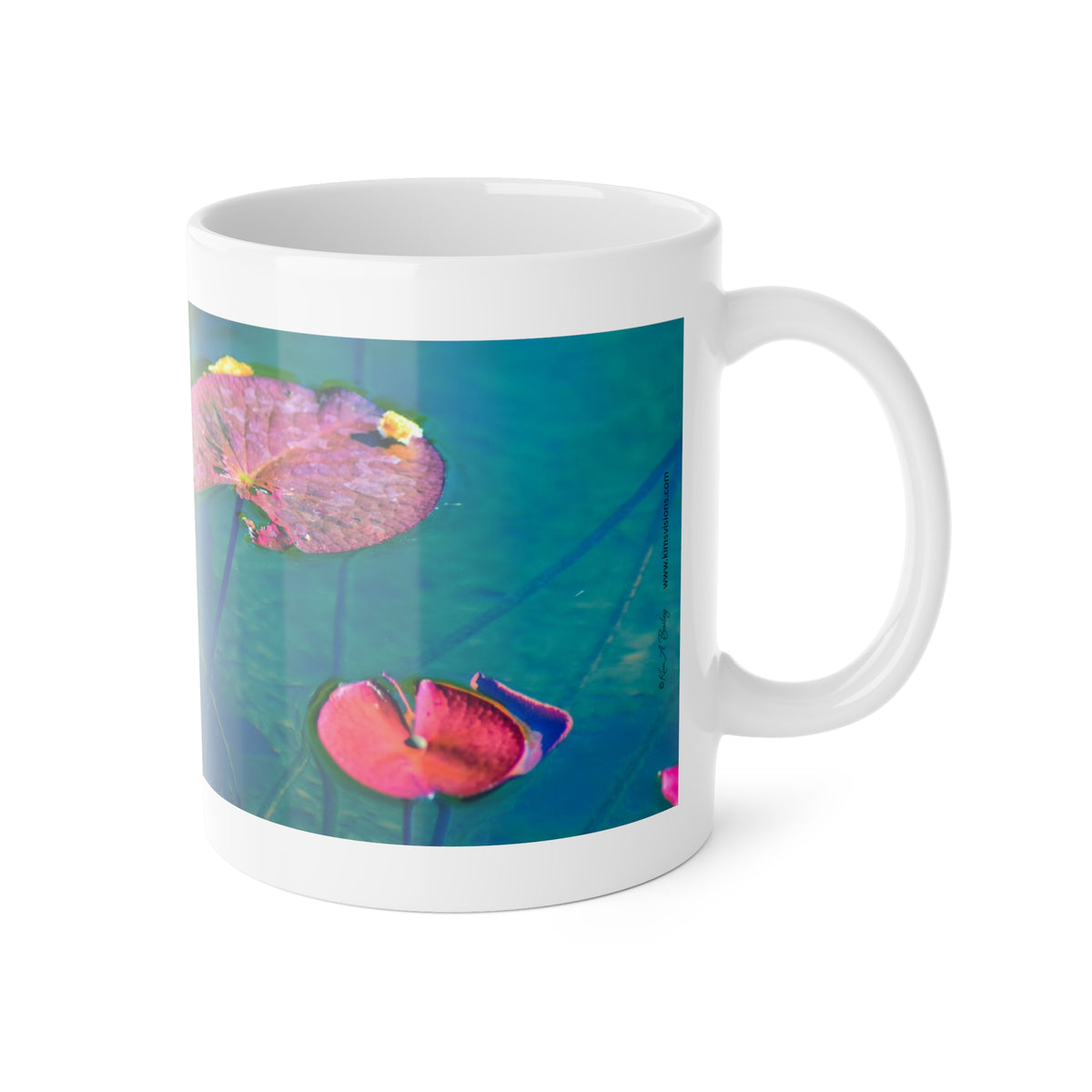 White Ceramic Mug, 11 oz "Water Lily Leaves (Pink and Green)" by Kim A. Bailey