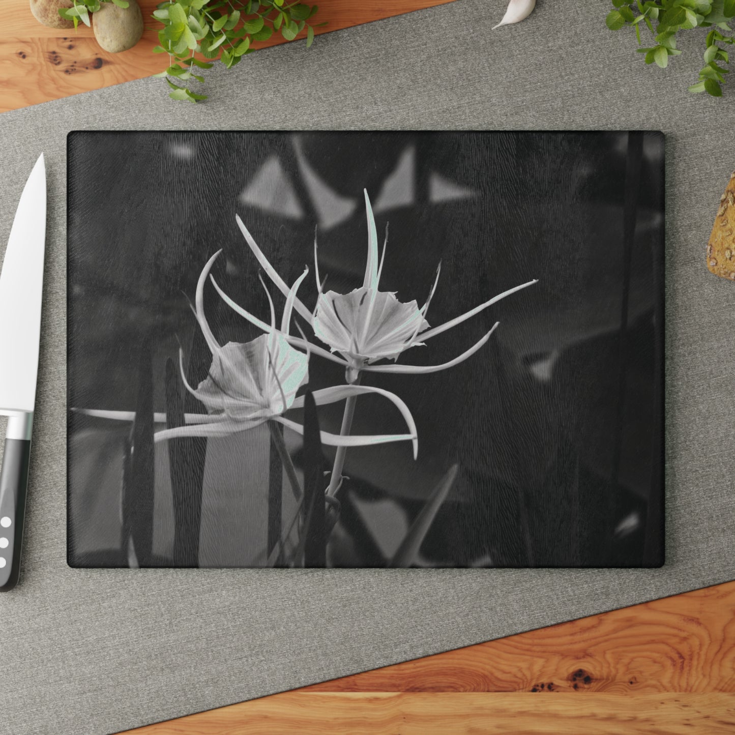 Glass Cutting Board — Black and White Alligator Lily Floral Kitchen Decor