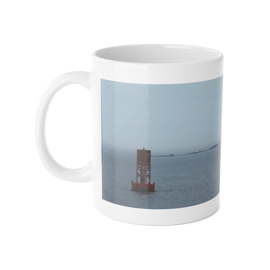 White Ceramic Mug, 11oz "Lighthouse and Buoy" by Kim A. Bailey