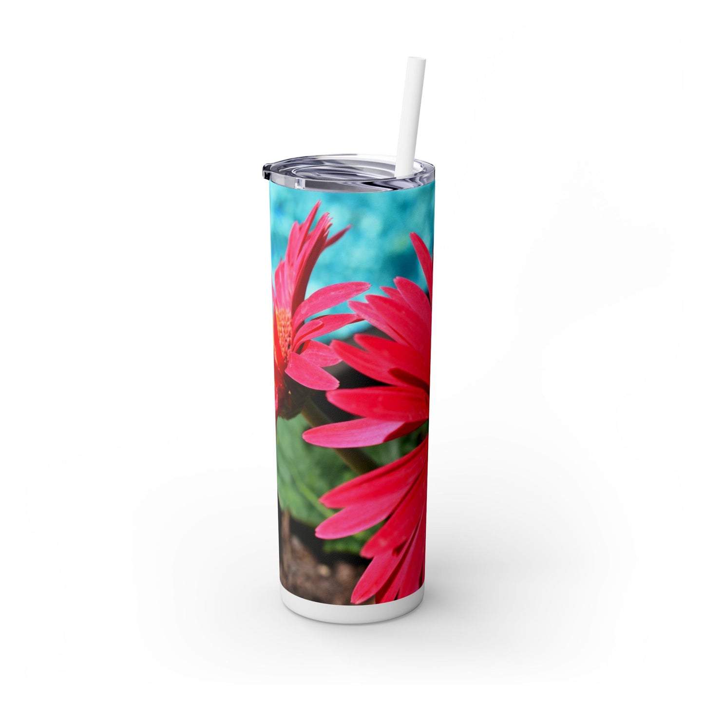 Skinny Tumbler with Straw, 20 oz. "Pink Daisies" by Kim A. Bailey