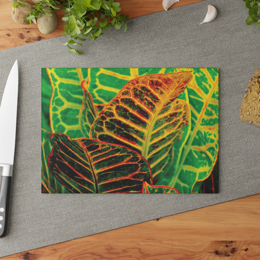 Tropical Croton Leaves Glass Cutting Board - Botanical Kitchen Décor