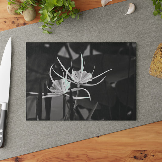 Glass Cutting Board — Black and White Alligator Lily Floral Kitchen Decor