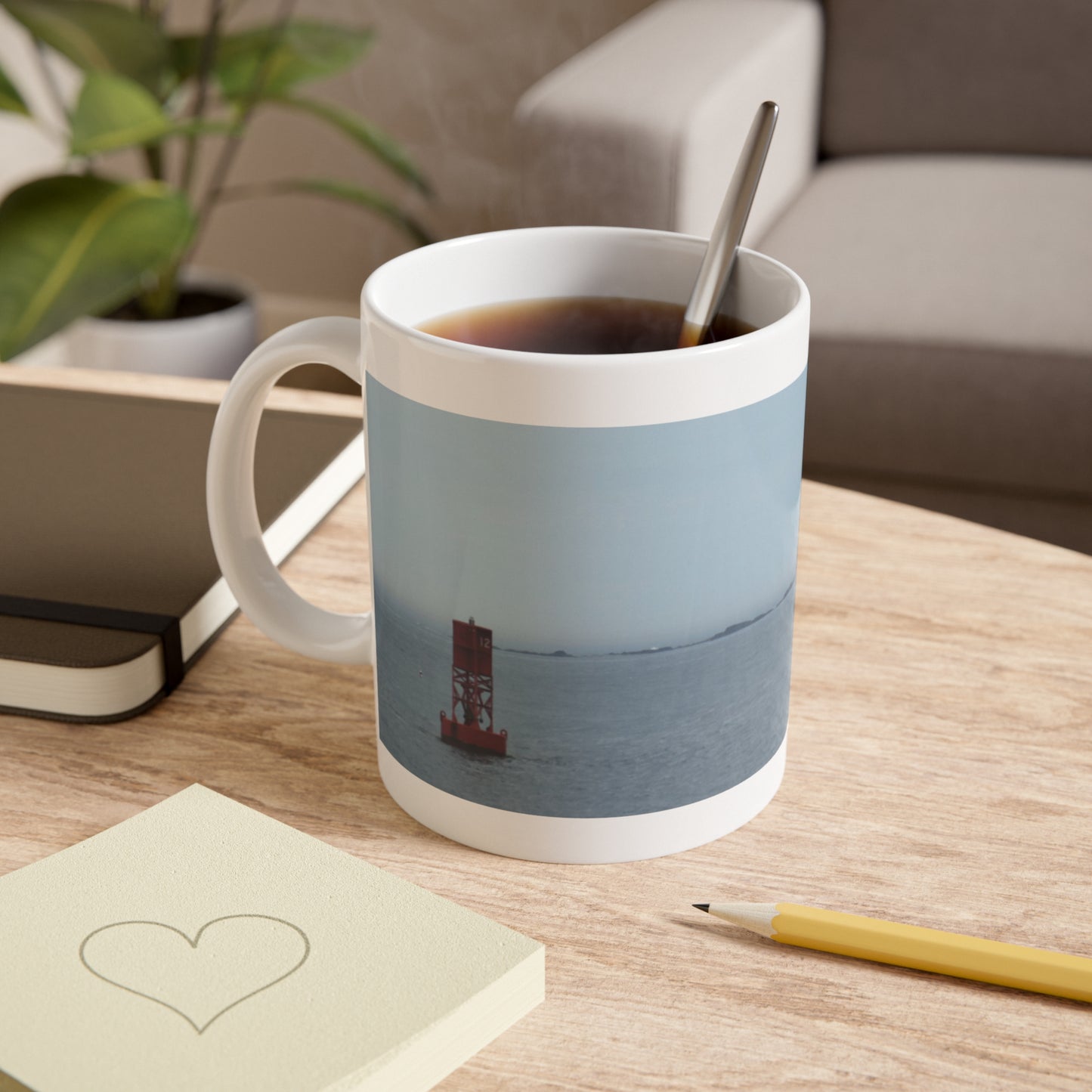 White Ceramic Mug, 11oz "Lighthouse and Buoy" by Kim A. Bailey