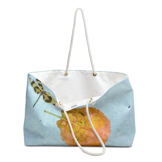 Weekender Tote Bag Dragonfly and Leaf Photograph by Kim A Bailey