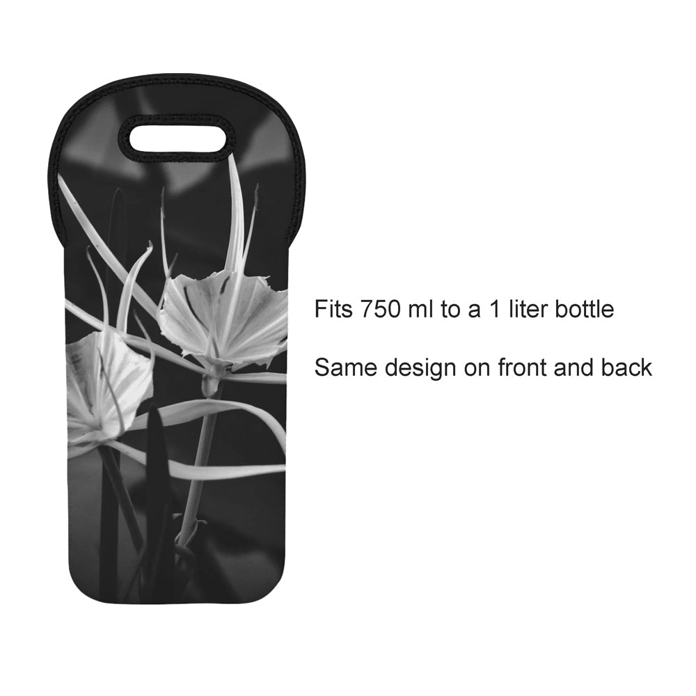Nylon bottle bag with black and white floral design on a white background