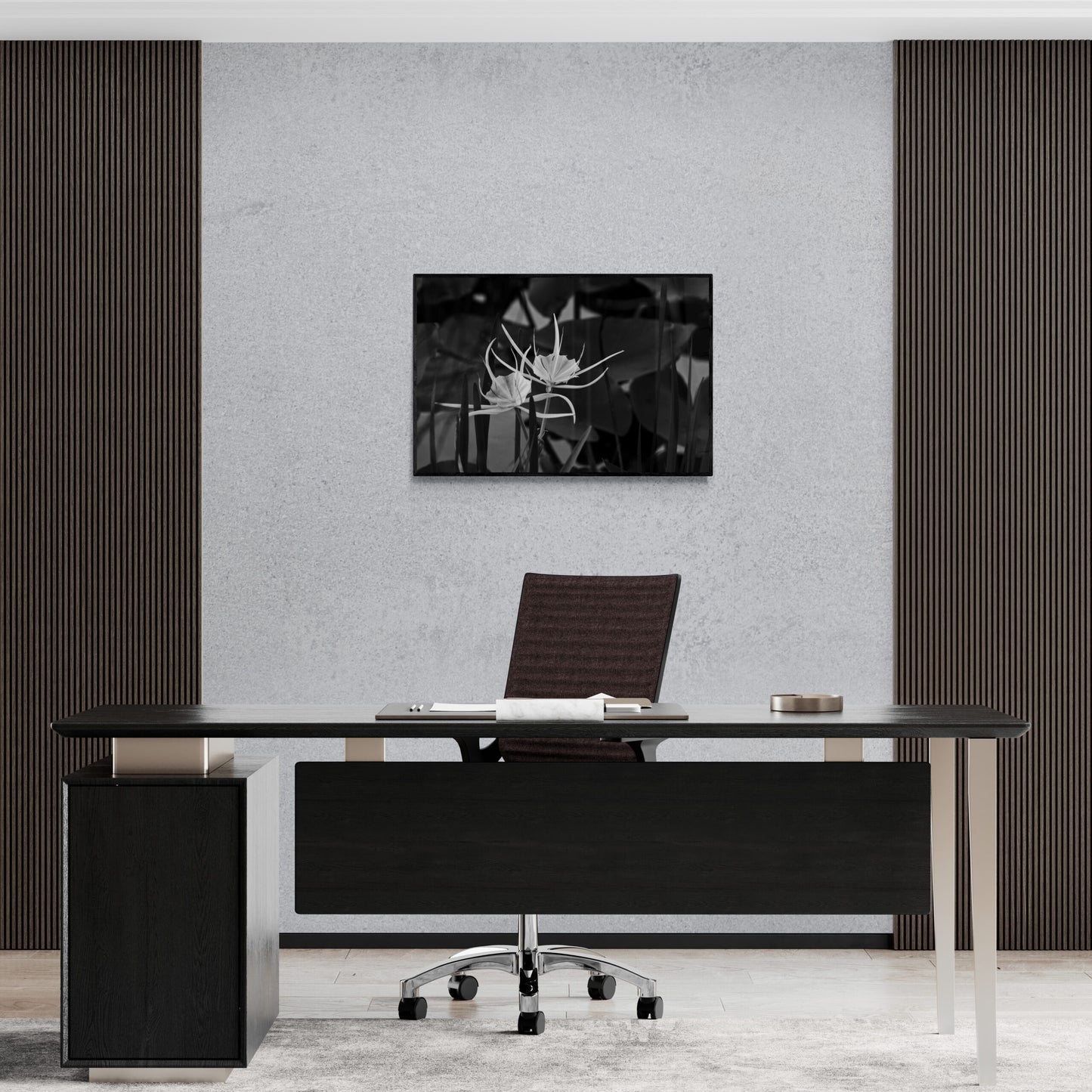 Alligator Lily, Original photograph by Kim A. Bailey hanging in a modern office.